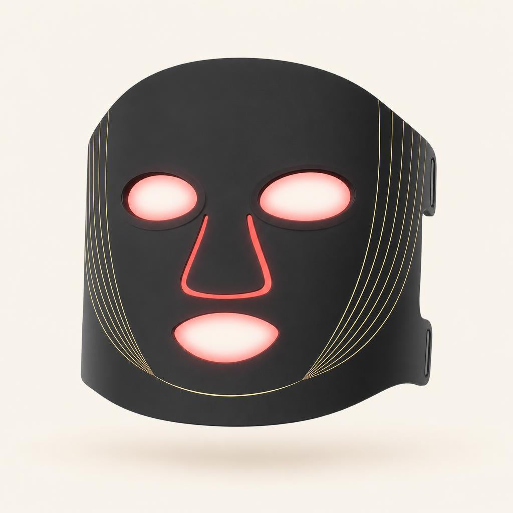 Mascarilla facial LED negra de silicona con luz roja, vista frontal